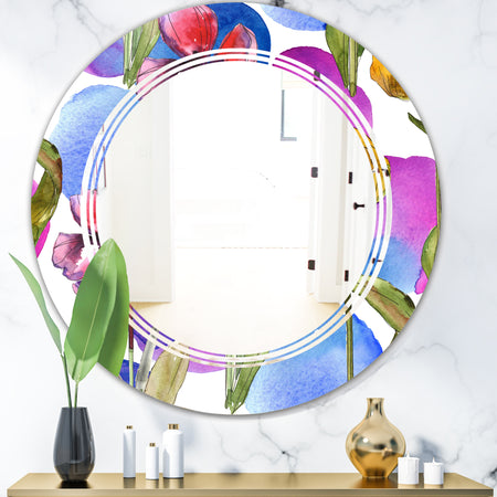 Retro Tulips in Purple - Cottage Round or Oval Wall Mirror - Triple C