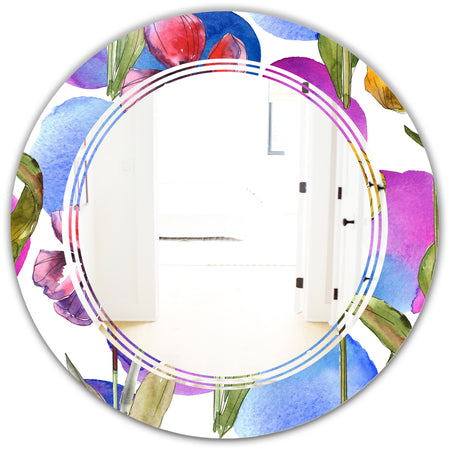 Retro Tulips in Purple - Cottage Round or Oval Wall Mirror - Triple C