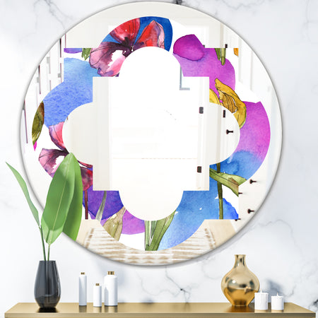Retro Tulips in Purple - Cottage Round or Oval Wall Mirror - Quatrefoil