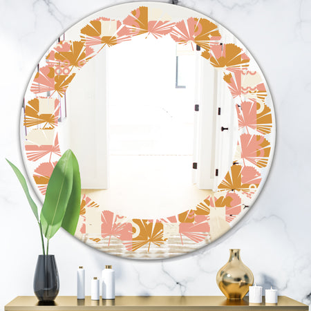 Pink Retro Abstract Design - Modern Round or Oval Wall Mirror - Leaves
