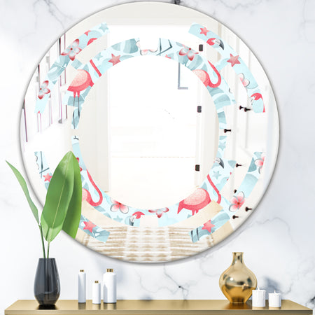 Tropical Botanicals, Flowers and Flamingo III - Modern Round or Oval Wall Mirror - Space