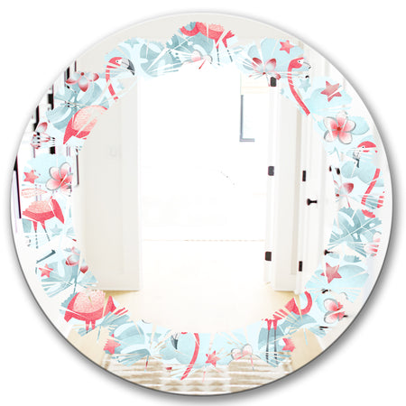 Tropical Botanicals, Flowers and Flamingo III - Modern Round or Oval Wall Mirror - Leaves