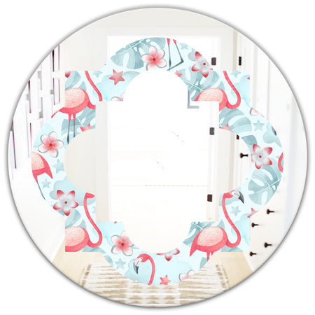 Tropical Botanicals, Flowers and Flamingo III - Modern Round or Oval Wall Mirror - Quatrefoil