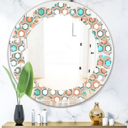 Retro Hexagon Pattern III - Modern Round or Oval Wall Mirror - Leaves