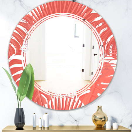 Tropical Retro Foliage Coral I - Modern Round or Oval Wall Mirror - Triple C