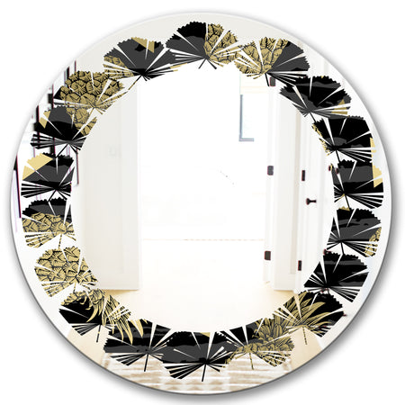 Golden Pineapple On Black - Modern Round or Oval Wall Mirror - Leaves