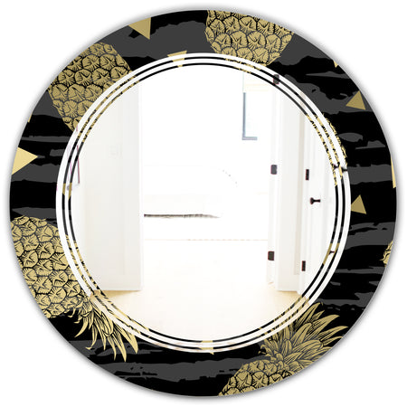 Golden Pineapple On Black - Modern Round or Oval Wall Mirror - Triple C