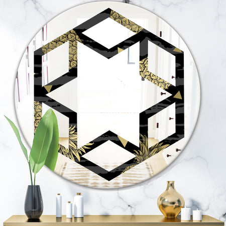 Golden Pineapple On Black - Modern Round or Oval Wall Mirror - Hexagon Star