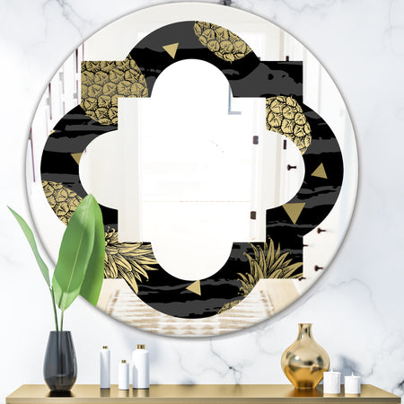 Golden Pineapple On Black - Modern Round or Oval Wall Mirror - Quatrefoil