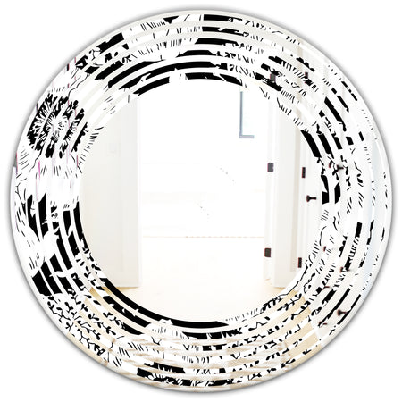Retro Monochrome Flowers Pattern - Cottage Round or Oval Wall Mirror - Wave