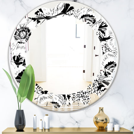 Retro Monochrome Flowers Pattern - Cottage Round or Oval Wall Mirror - Leaves