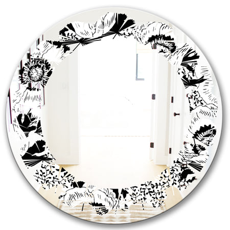 Retro Monochrome Flowers Pattern - Cottage Round or Oval Wall Mirror - Leaves