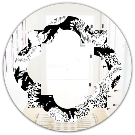 Retro Monochrome Flowers Pattern - Cottage Round or Oval Wall Mirror - Quatrefoil