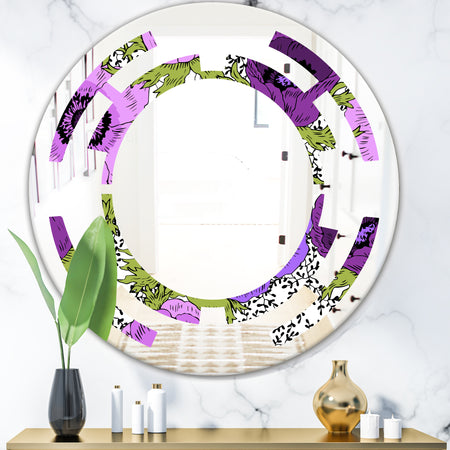 Purple Retro Fantasy Flowers - Cottage Round or Oval Wall Mirror - Space