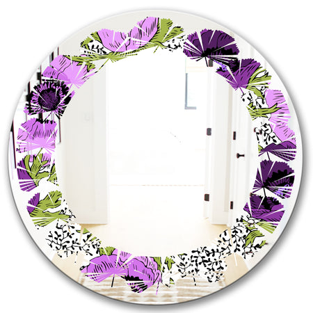Purple Retro Fantasy Flowers - Cottage Round or Oval Wall Mirror - Leaves