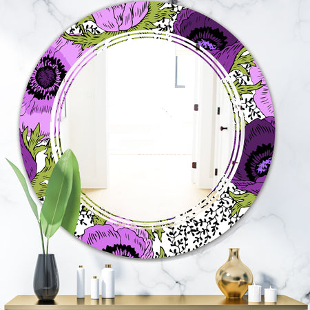 Purple Retro Fantasy Flowers - Cottage Round or Oval Wall Mirror - Triple C
