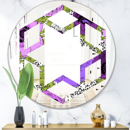 Purple Retro Fantasy Flowers - Cottage Round or Oval Wall Mirror - Hexagon Star