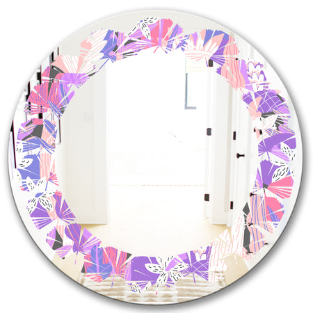Fantasy Flowers In Purple - Modern Round or Oval Wall Mirror - Leaves