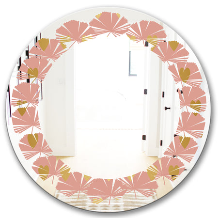 Gold Hearts On Pink - Modern Round or Oval Wall Mirror - Leaves