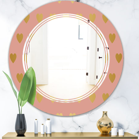 Gold Hearts On Pink - Modern Round or Oval Wall Mirror - Triple C
