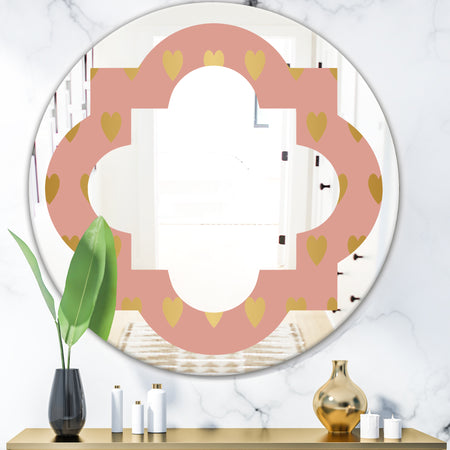 Gold Hearts On Pink - Modern Round or Oval Wall Mirror - Quatrefoil