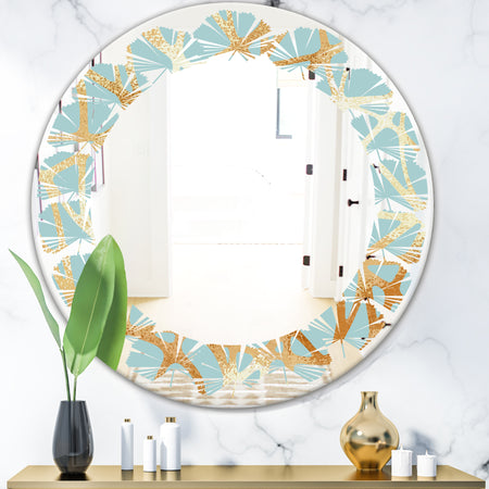 Golden Luxury Metallic Geometrics IV - Modern Round or Oval Wall Mirror - Leaves