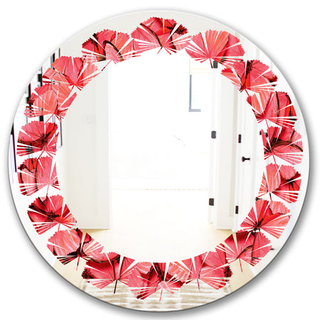 Coral Pink Butterflies - Modern Round or Oval Wall Mirror - Leaves