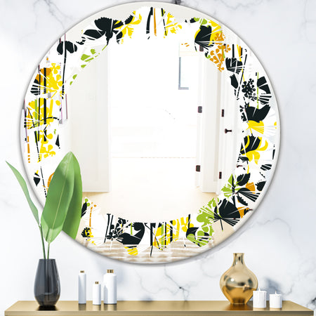 Summer meadow pattern, black silhouettes - Modern Round or Oval Wall Mirror - Leaves