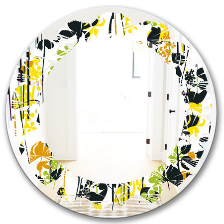 Summer meadow pattern, black silhouettes - Modern Round or Oval Wall Mirror - Leaves