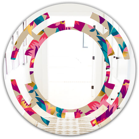 Elegant blossom hand drawn folk pattern - Cottage Round or Oval Wall Mirror - Space