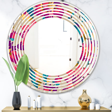 Elegant blossom hand drawn folk pattern - Cottage Round or Oval Wall Mirror - Wave