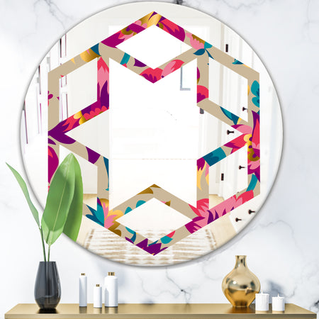 Elegant blossom hand drawn folk pattern - Cottage Round or Oval Wall Mirror - Hexagon Star