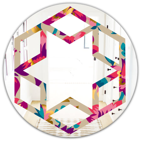 Elegant blossom hand drawn folk pattern - Cottage Round or Oval Wall Mirror - Hexagon Star