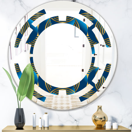 Geometric abstract waves in gold and marine blue - Modern Round or Oval Wall Mirror - Space