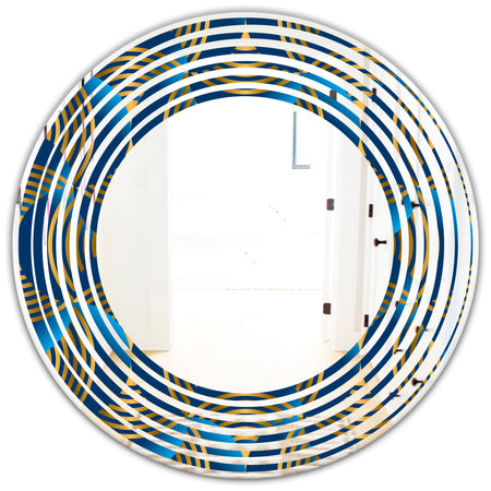 Geometric abstract waves in gold and marine blue - Modern Round or Oval Wall Mirror - Wave