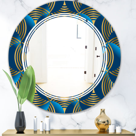 Geometric abstract waves in gold and marine blue - Modern Round or Oval Wall Mirror - Triple C