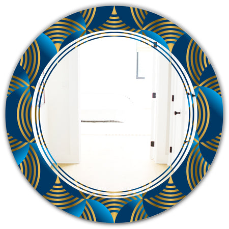 Geometric abstract waves in gold and marine blue - Modern Round or Oval Wall Mirror - Triple C