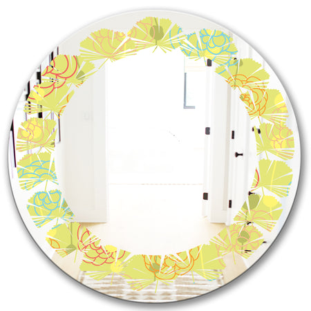 Retro Handdrawn Flowers On Green Background - Modern Round or Oval Wall Mirror - Leaves