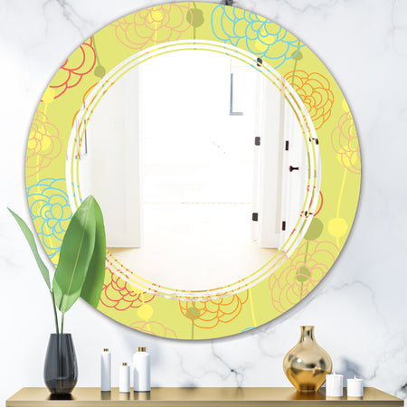 Retro Handdrawn Flowers On Green Background - Modern Round or Oval Wall Mirror - Triple C