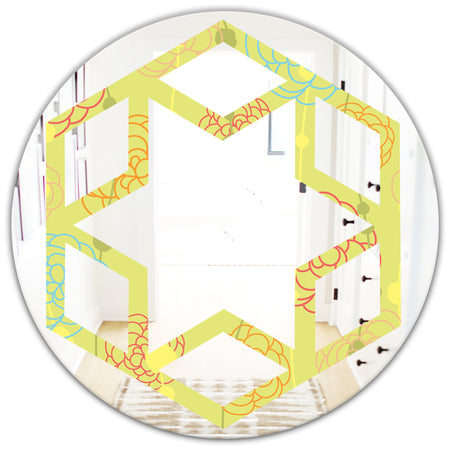 Retro Handdrawn Flowers On Green Background - Modern Round or Oval Wall Mirror - Hexagon Star
