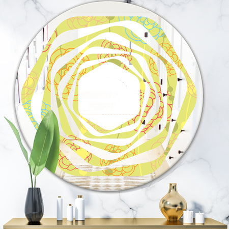 Retro Handdrawn Flowers On Green Background - Modern Round or Oval Wall Mirror - Whirl