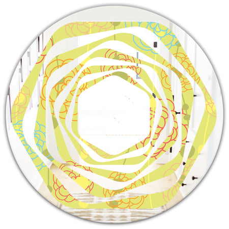 Retro Handdrawn Flowers On Green Background - Modern Round or Oval Wall Mirror - Whirl