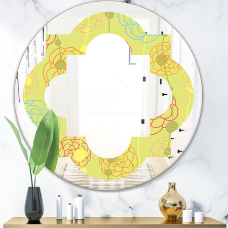 Retro Handdrawn Flowers On Green Background - Modern Round or Oval Wall Mirror - Quatrefoil