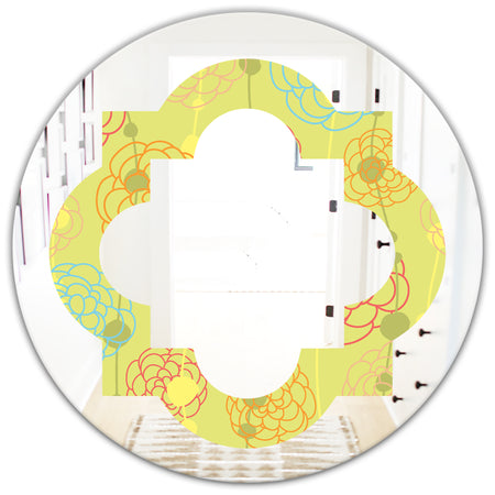 Retro Handdrawn Flowers On Green Background - Modern Round or Oval Wall Mirror - Quatrefoil