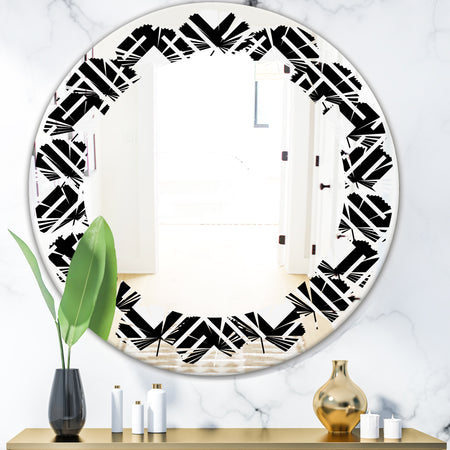 Monochrome Geometric Pattern II - Modern Round or Oval Wall Mirror - Leaves