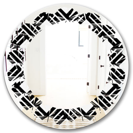 Monochrome Geometric Pattern II - Modern Round or Oval Wall Mirror - Leaves