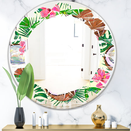 Tropical Cooconut and Jungle Flowers - Modern Round or Oval Wall Mirror - Leaves