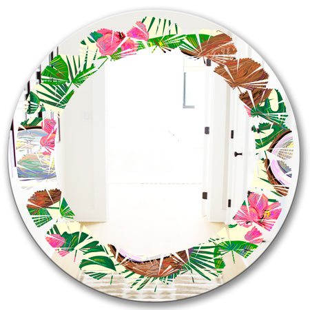 Tropical Cooconut and Jungle Flowers - Modern Round or Oval Wall Mirror - Leaves