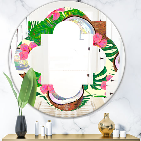 Tropical Cooconut and Jungle Flowers - Modern Round or Oval Wall Mirror - Quatrefoil