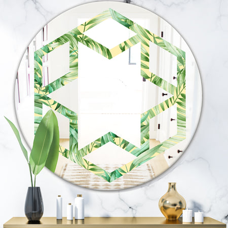 Tropical Retro Foliage - Modern Round or Oval Wall Mirror - Hexagon Star